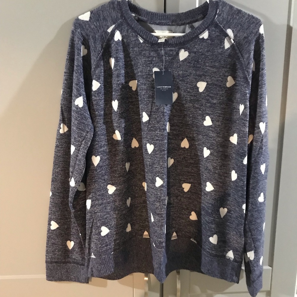 Lucky Brand Valentines Heart Sweater Navy Grey Long Sleeve Pullover NWT XL Top
